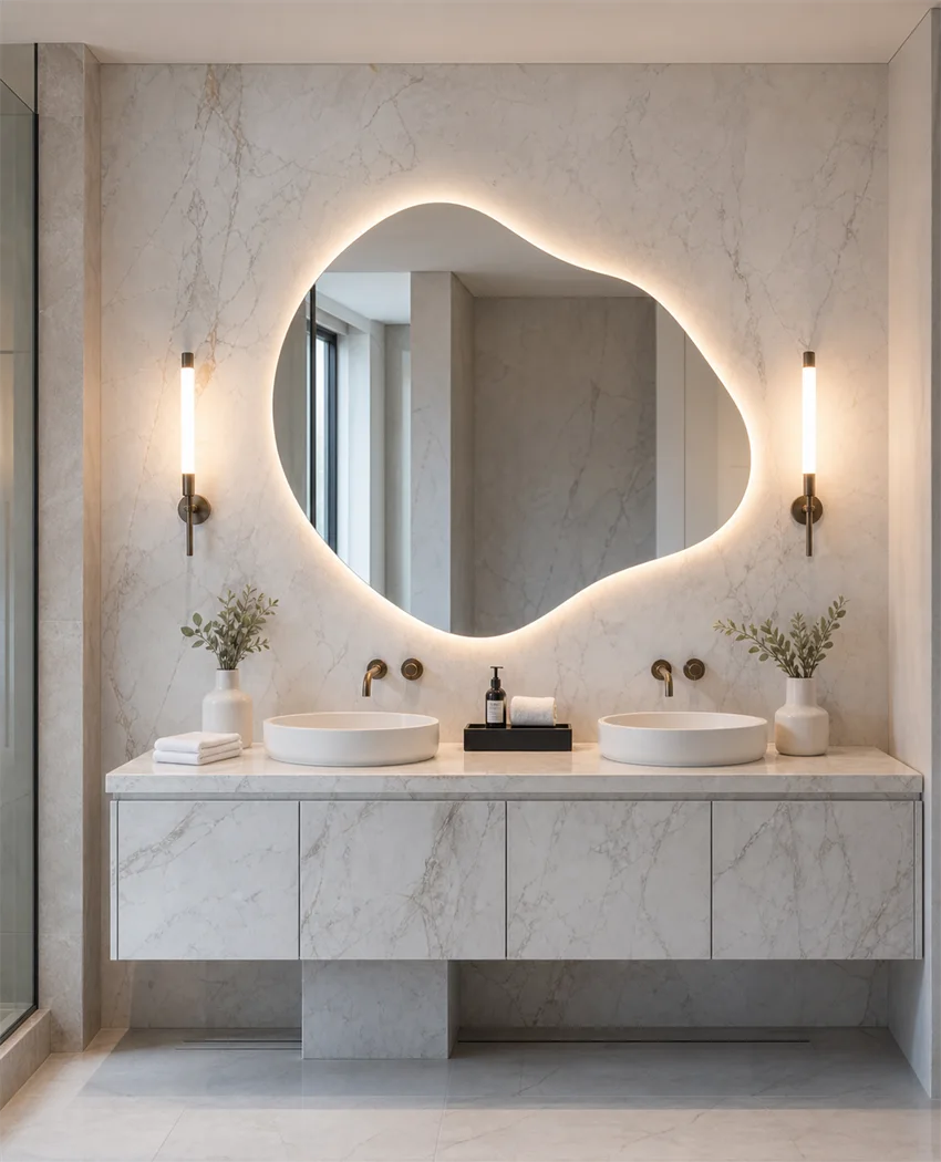 Organic shaped backlit mirror in a modern bathroom.