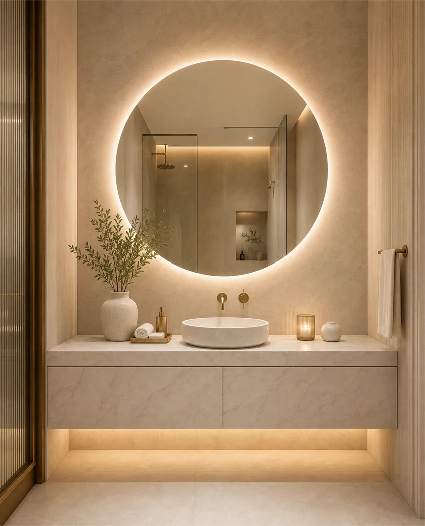 Illuminated custom mirror above a stone vanity.