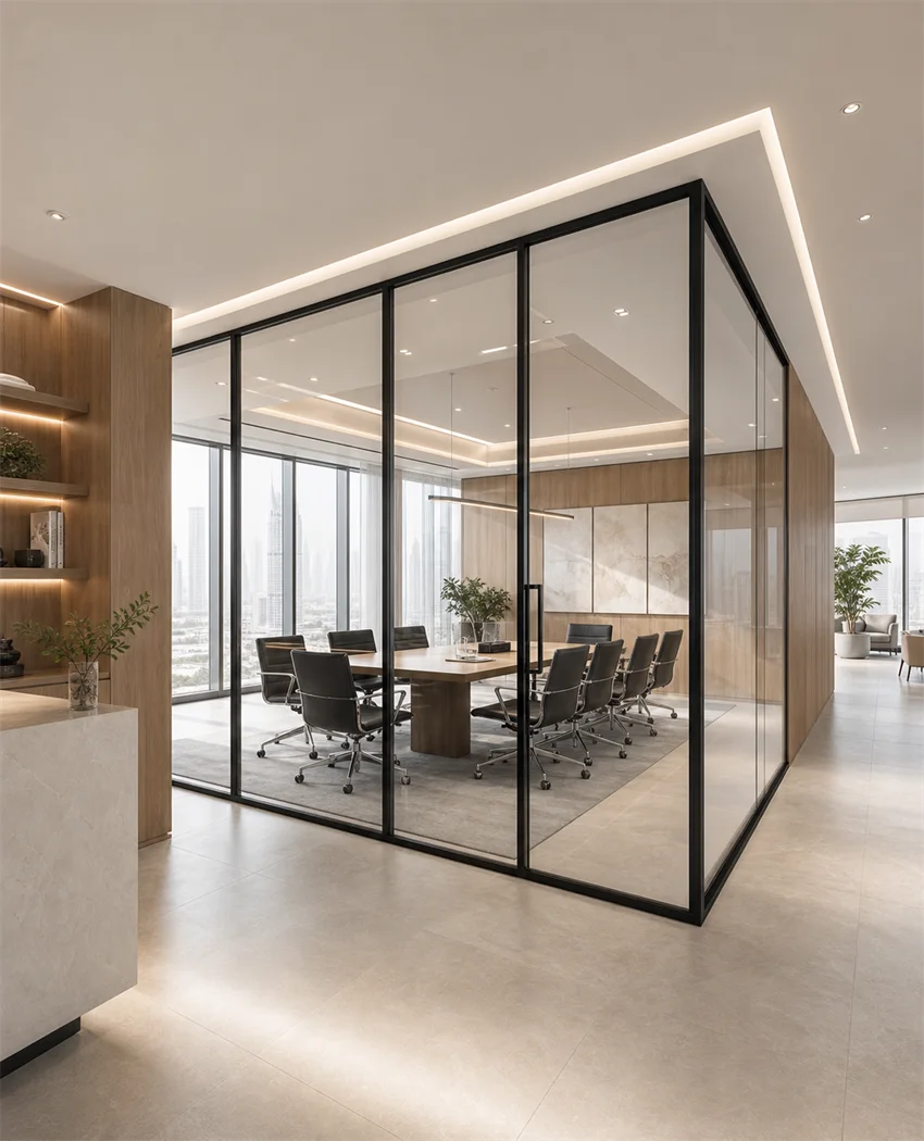 Glass meeting room in a bright executive office.