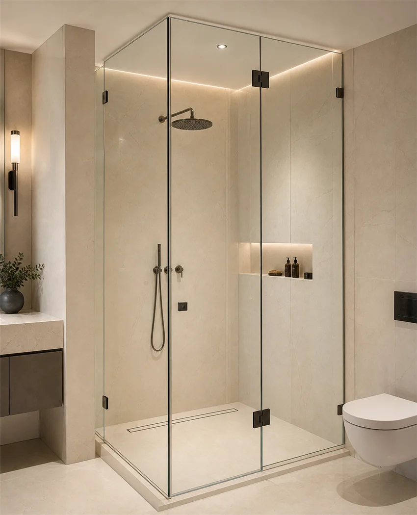 Frameless glass shower in a luxury bathroom.
