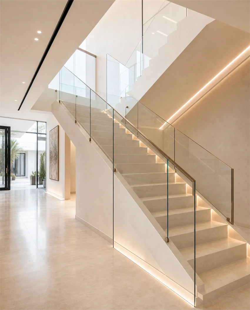 Clear glass balustrade beside a floating staircase.