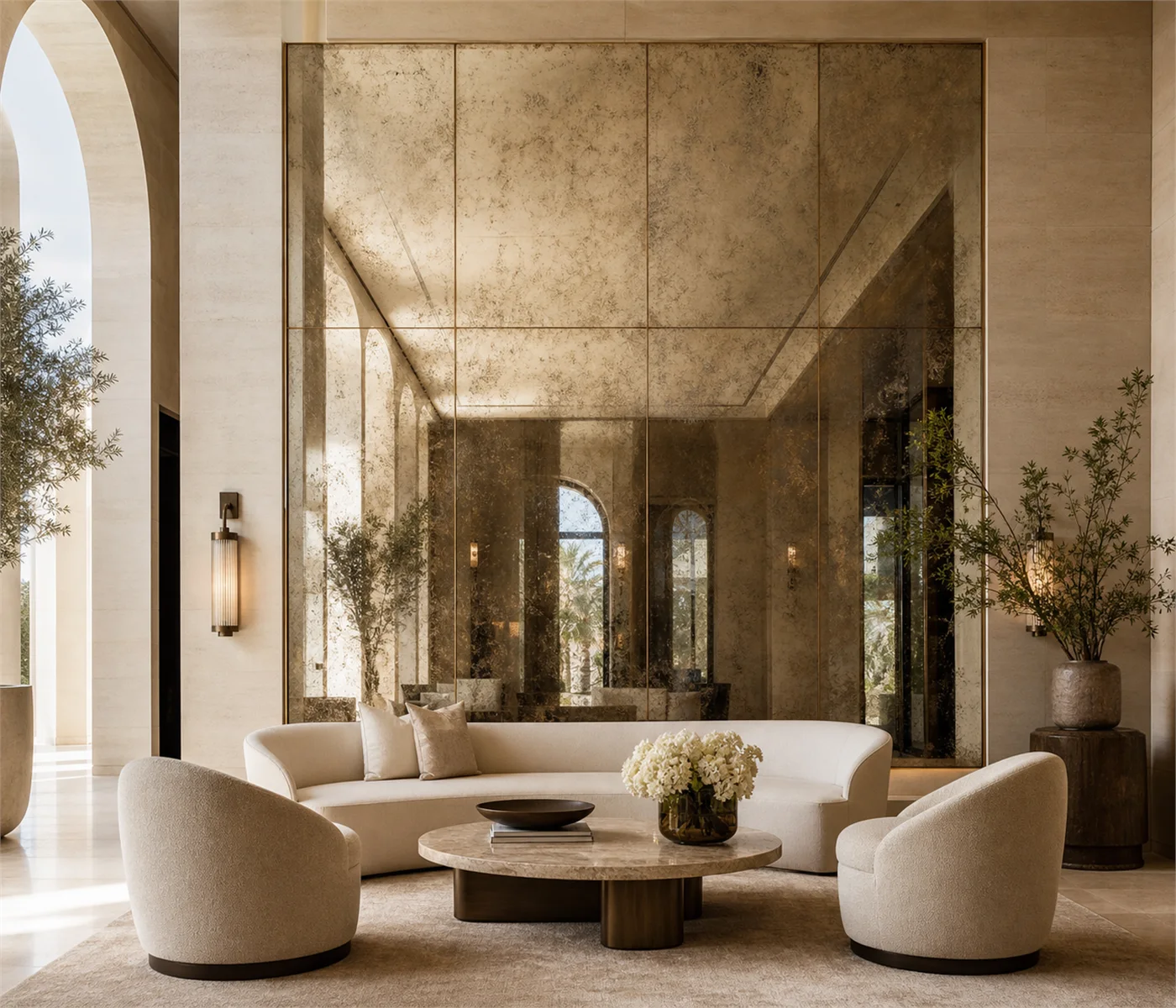 Antique mirror feature wall in an elegant warm interior