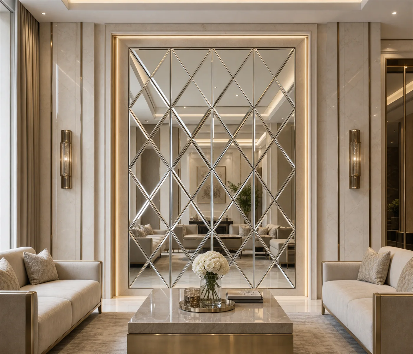 Bevelled diamond mirror feature wall in an elegant interior