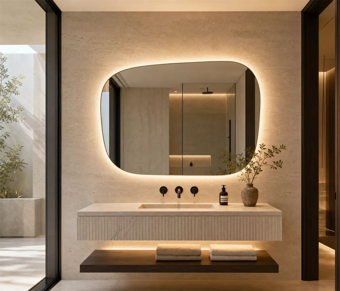 Backlit LED vanity mirror in a luxury bathroom