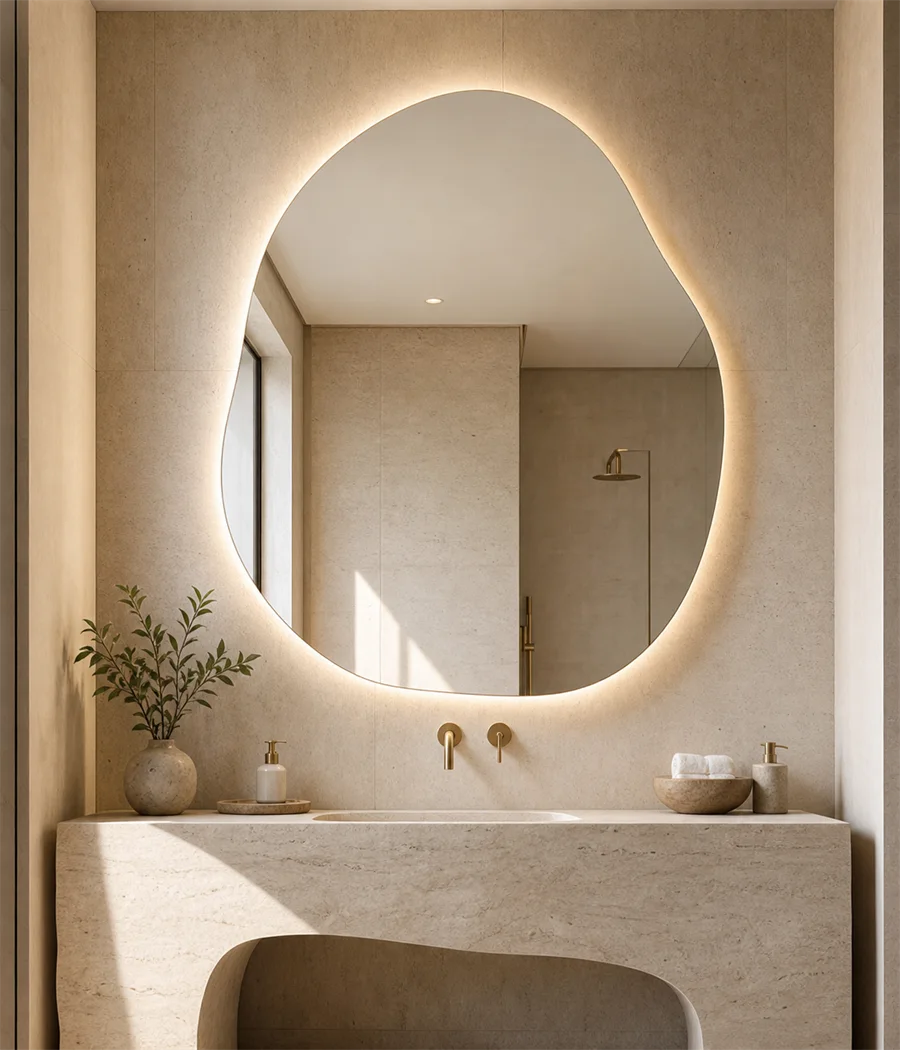 Custom illuminated mirror above a refined vanity