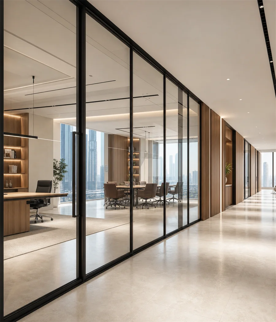 Black-framed glass partitions in a modern office