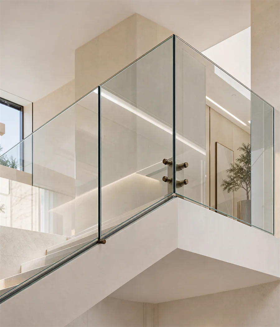 Clear glass railing on a modern villa staircase