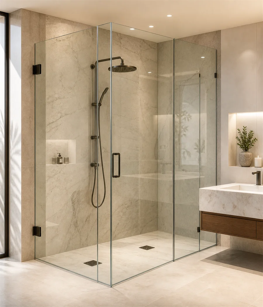 Frameless glass shower enclosure in a warm neutral bathroom