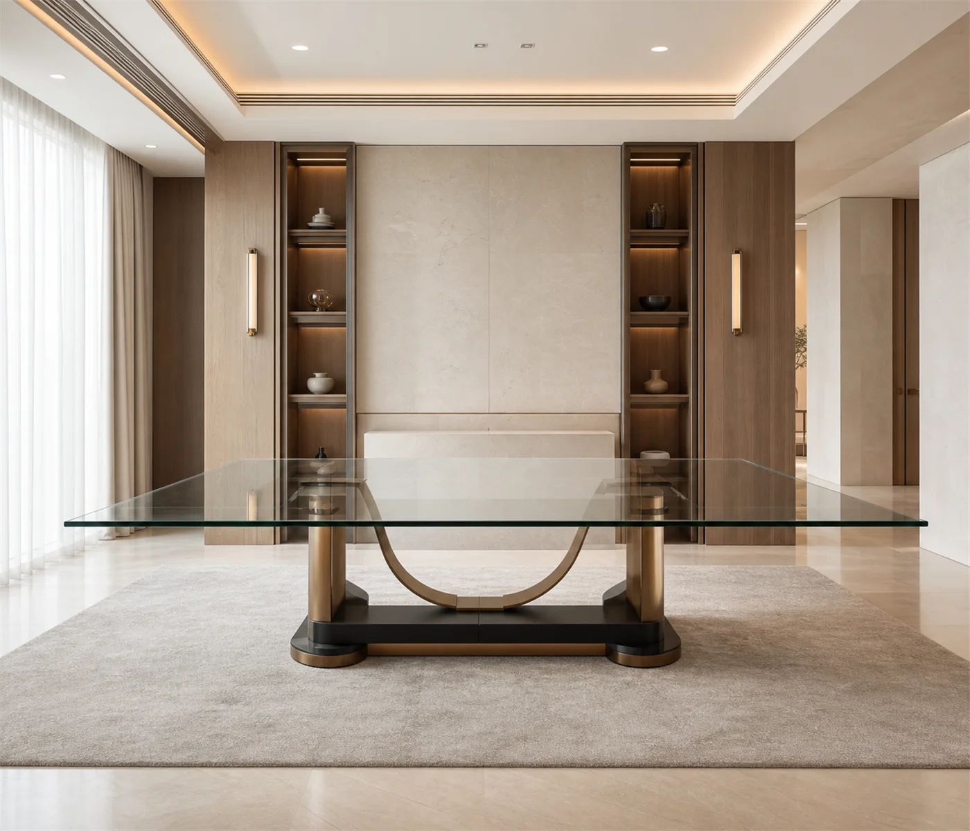 Low-iron glass tabletop in a refined warm interior